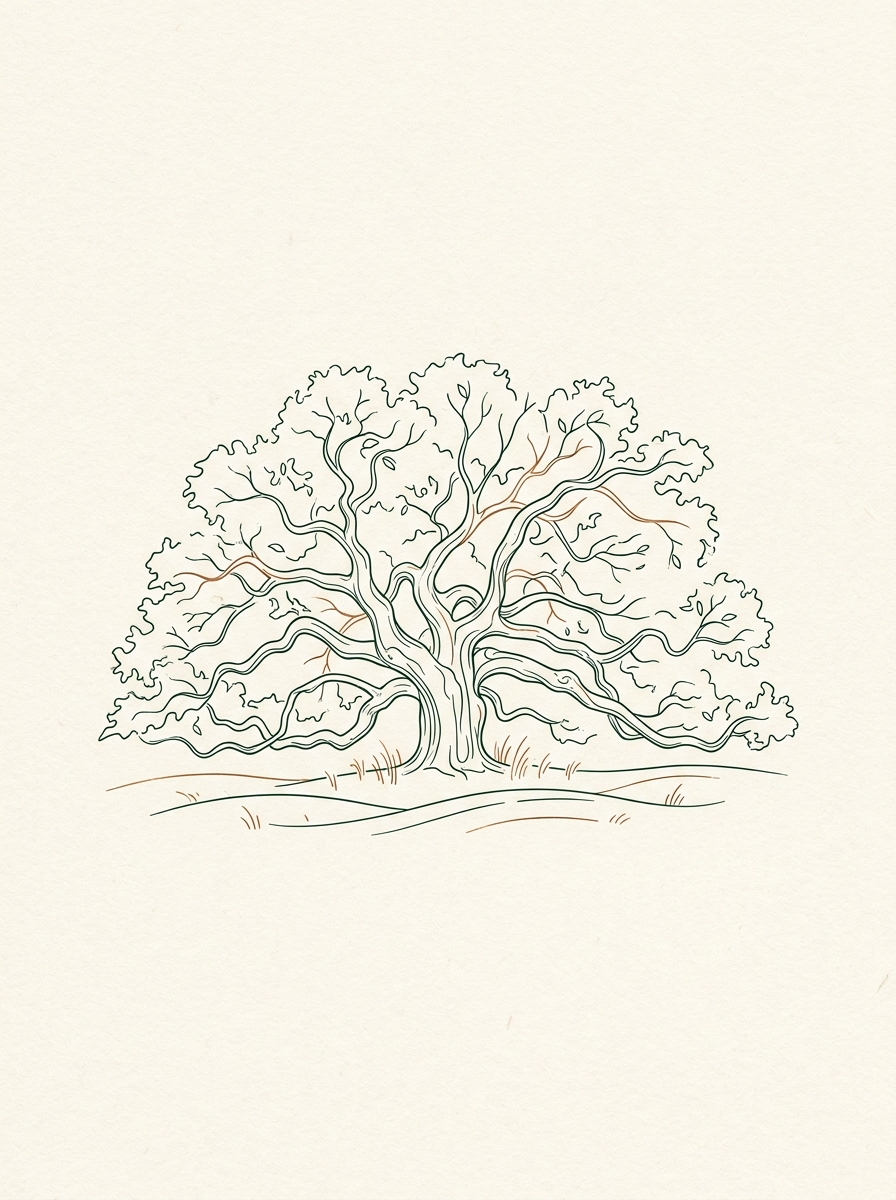 Line illustration of a sprawling live oak